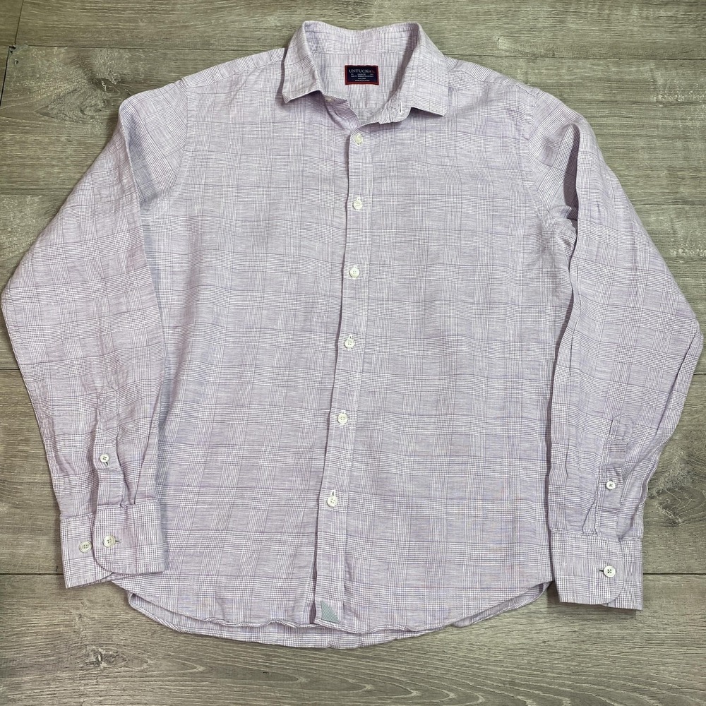 UNTUCKit Shirt Mens Large Purple Check Linen Slim Fit Long Sleeve Button Front